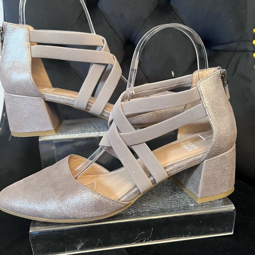 Eileen Fisher D’Orsay Pewter Strappy  Shimmering Silver Block Heels